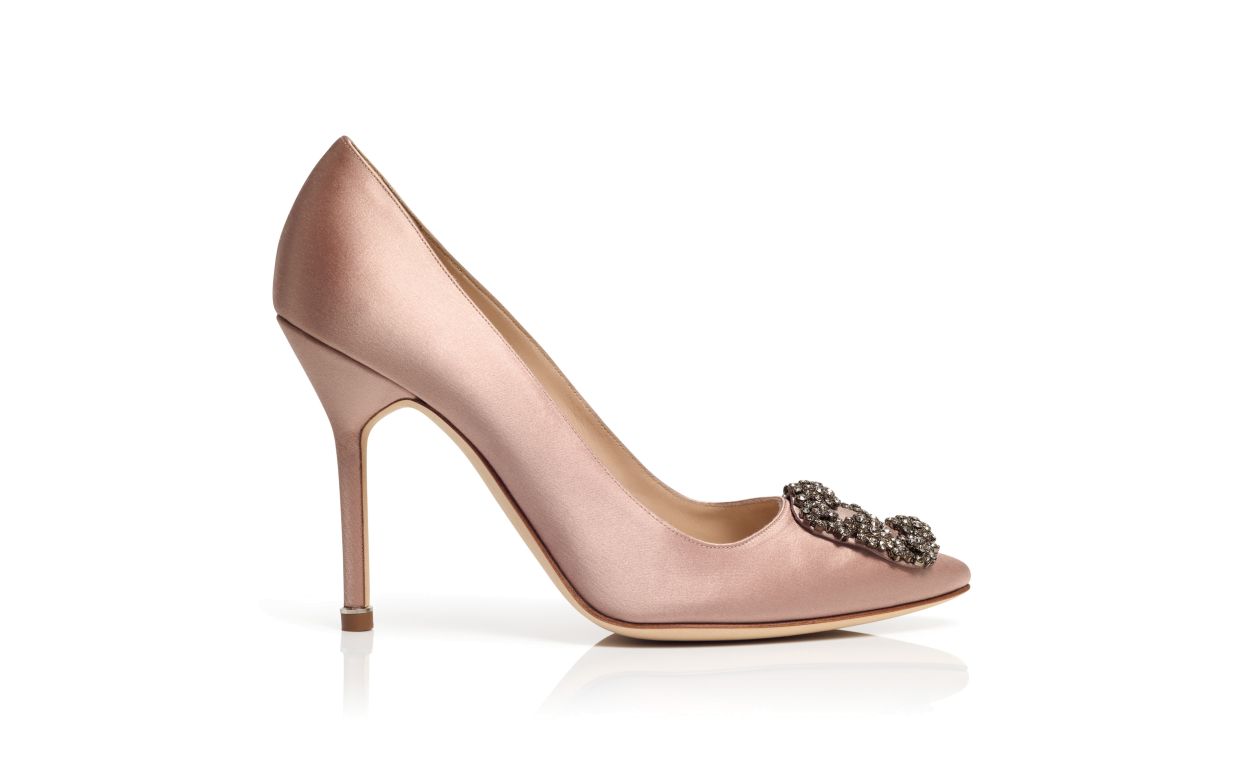 Designer Beige Satin Jewel Buckle Pumps - Image Side View