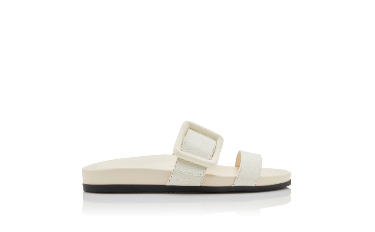 Designer White Calf Leather Buckle Detail Flat Mules - Image Side View