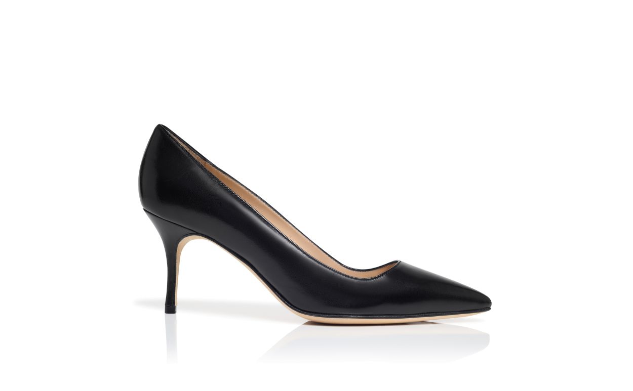 Designer Black Leather Pointed Toe Pumps - Image Side View