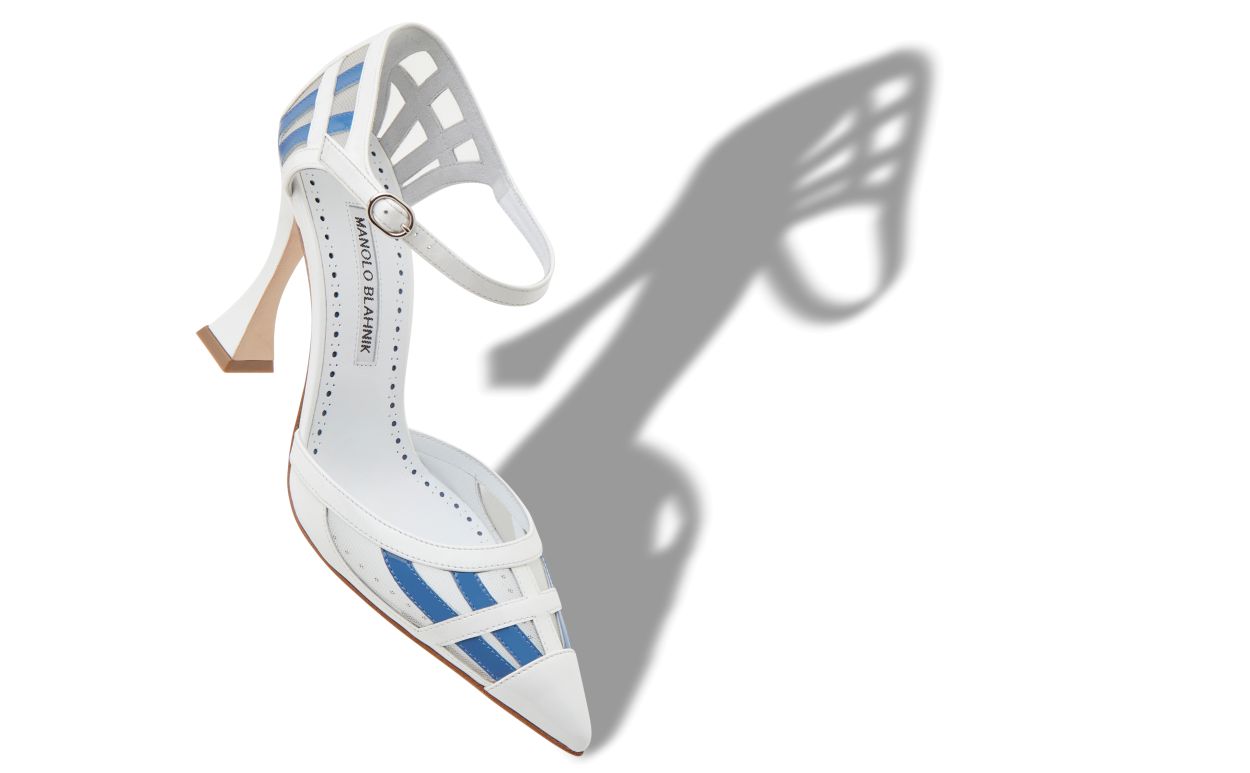 Designer White and Blue Patent Leather Ankle Strap Pumps  - Image small_image