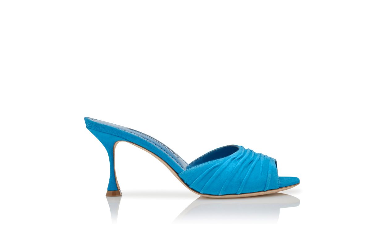 Designer Blue Suede Ruched Open Toe Mules - Image Side View
