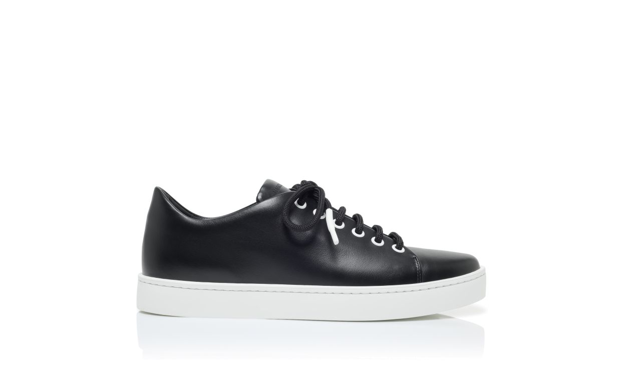 Designer Black Calf Leather Lace-Up Sneakers  - Image Side View