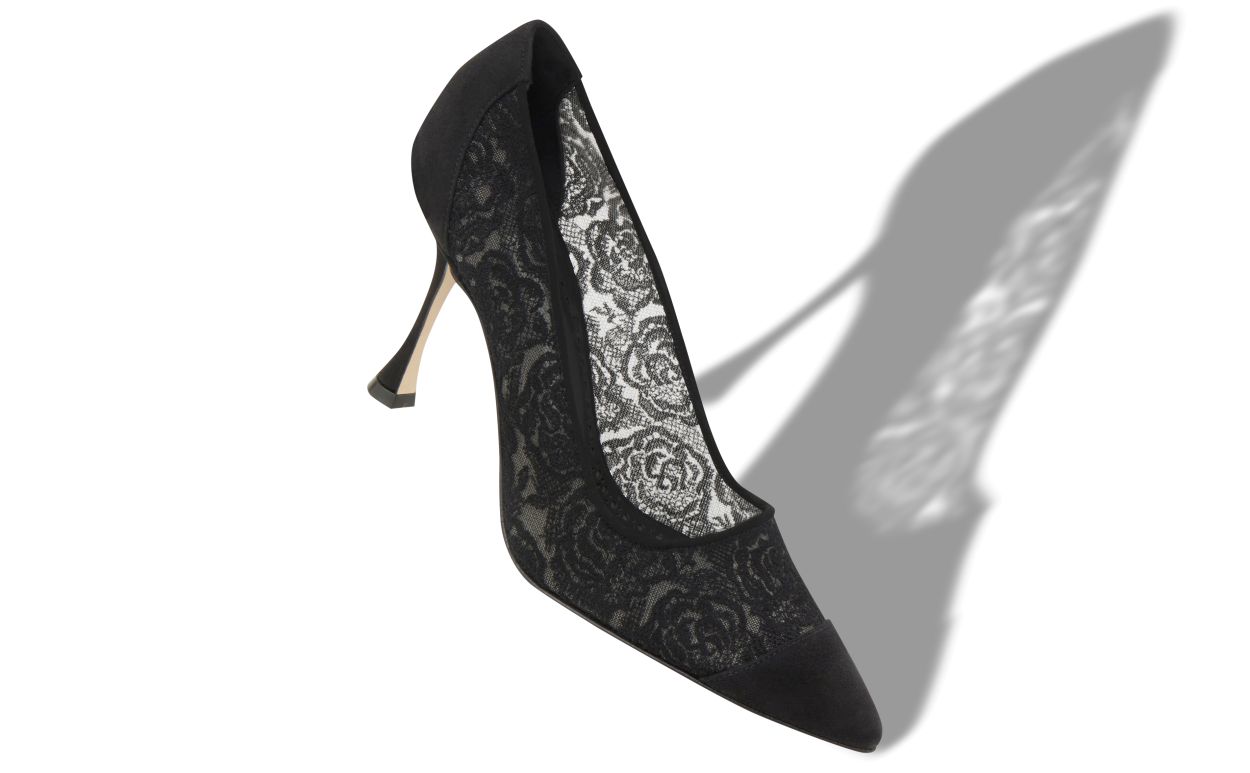 Designer Black Lace Pointed Toe Pumps - Image small_image