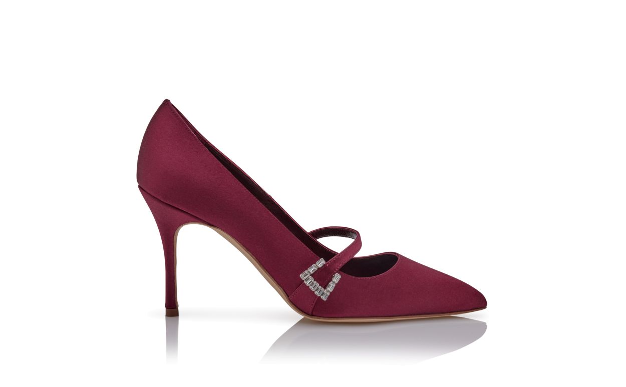 Designer Dark Red Satin Mary Jane Pumps - Image Side View