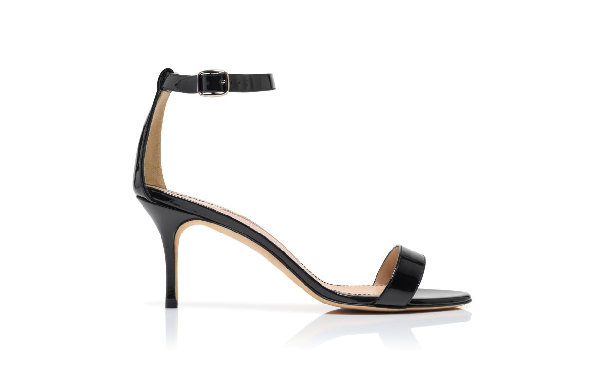 Designer Black Patent Leather Ankle Strap Sandals - Image Side View