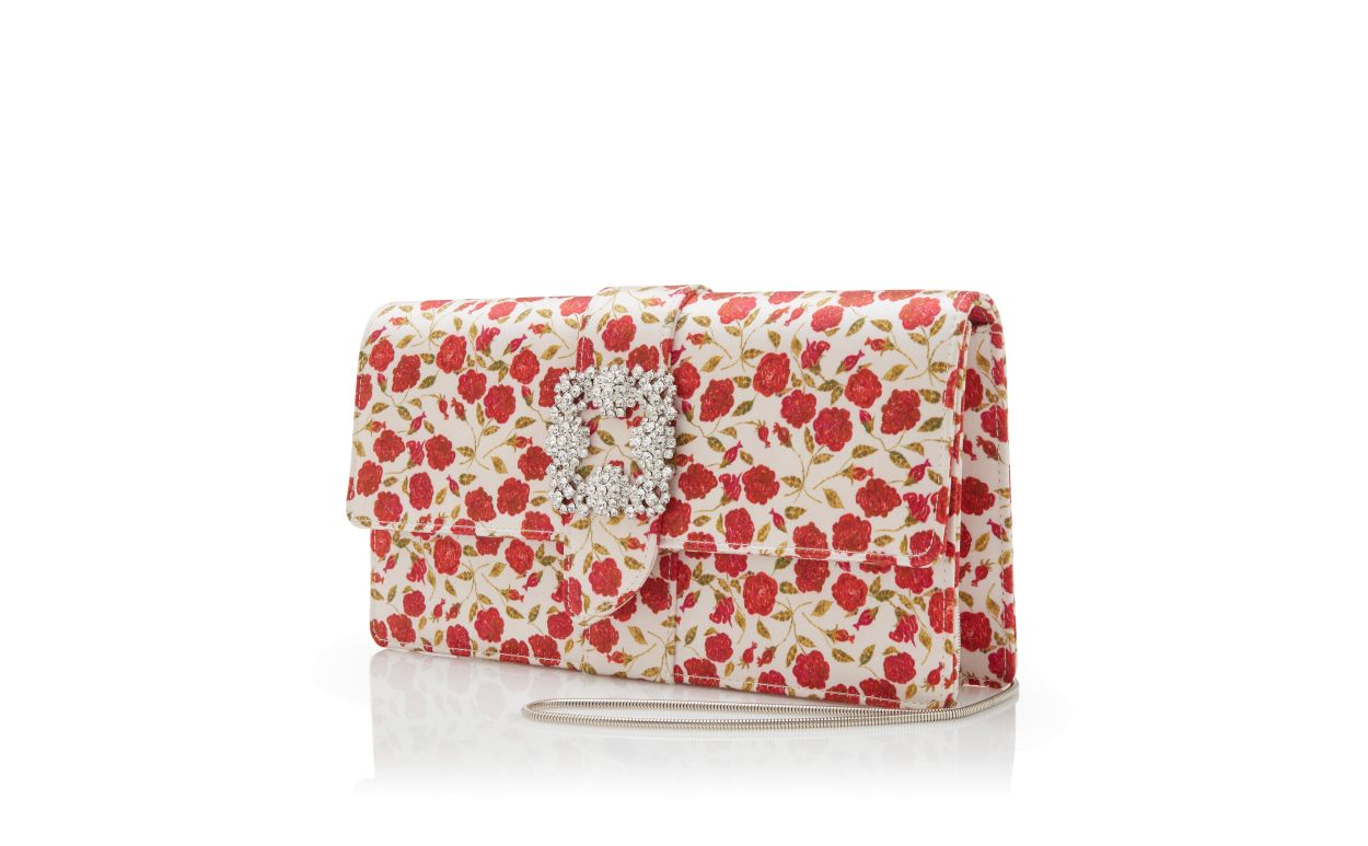 Designer White and Red Satin Jewel Buckle Clutch - Image 