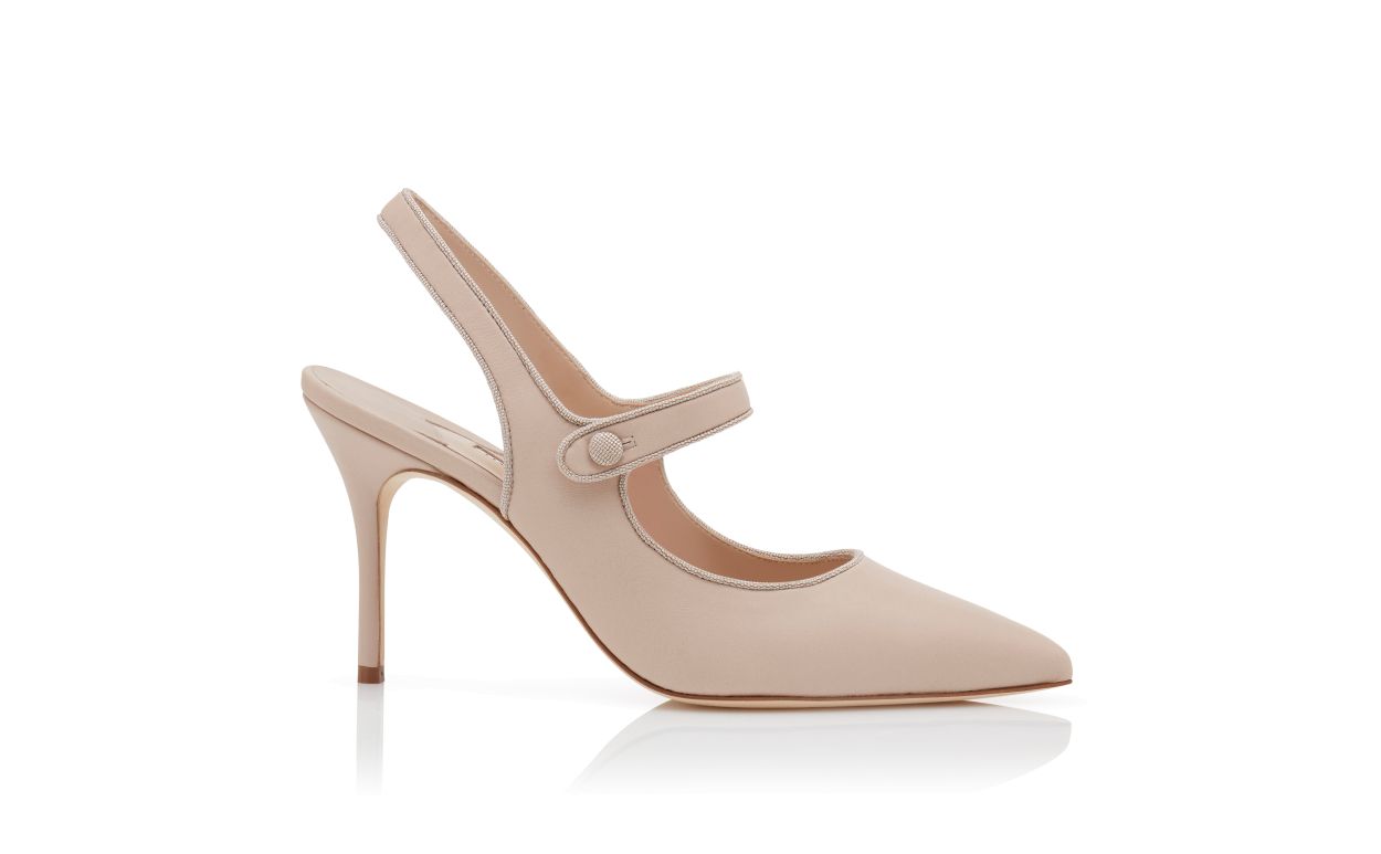 Designer Beige Nappa Leather Pointed Toe Slingback Pumps - Image Side View