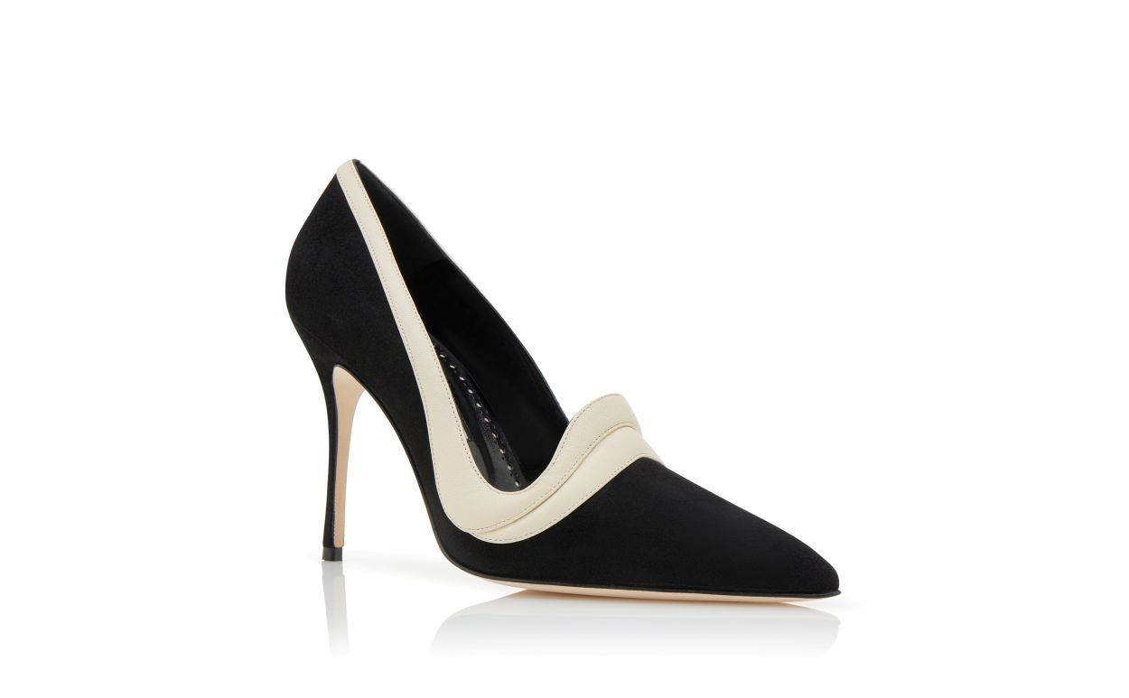 Designer Black and Cream Suede Pointed Toe Pumps  - Image Upsell