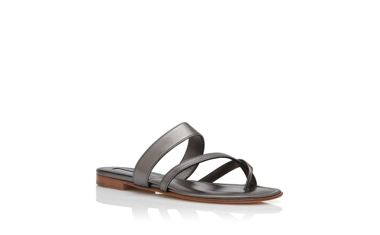 Designer Graphite Nappa Leather Flat Sandals - Image Upsell