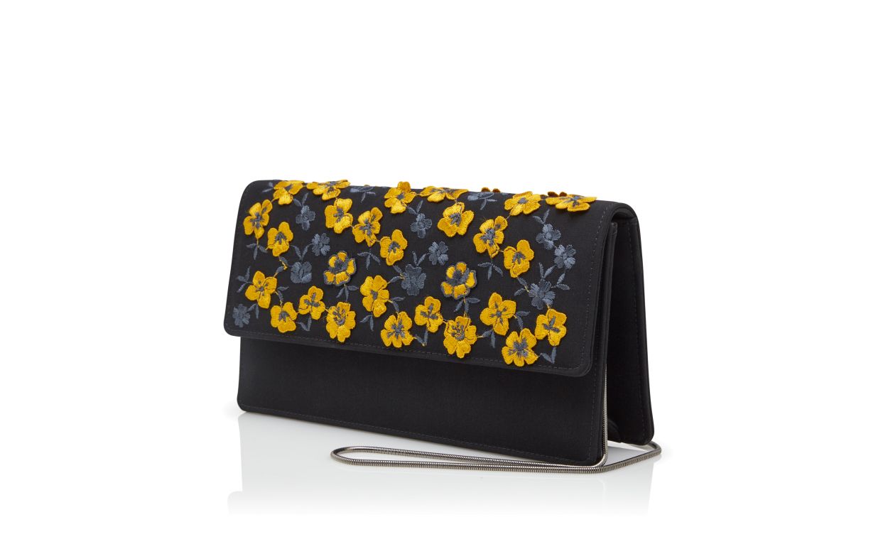 Designer Black and Yellow Silk Embroidered Clutch - Image 