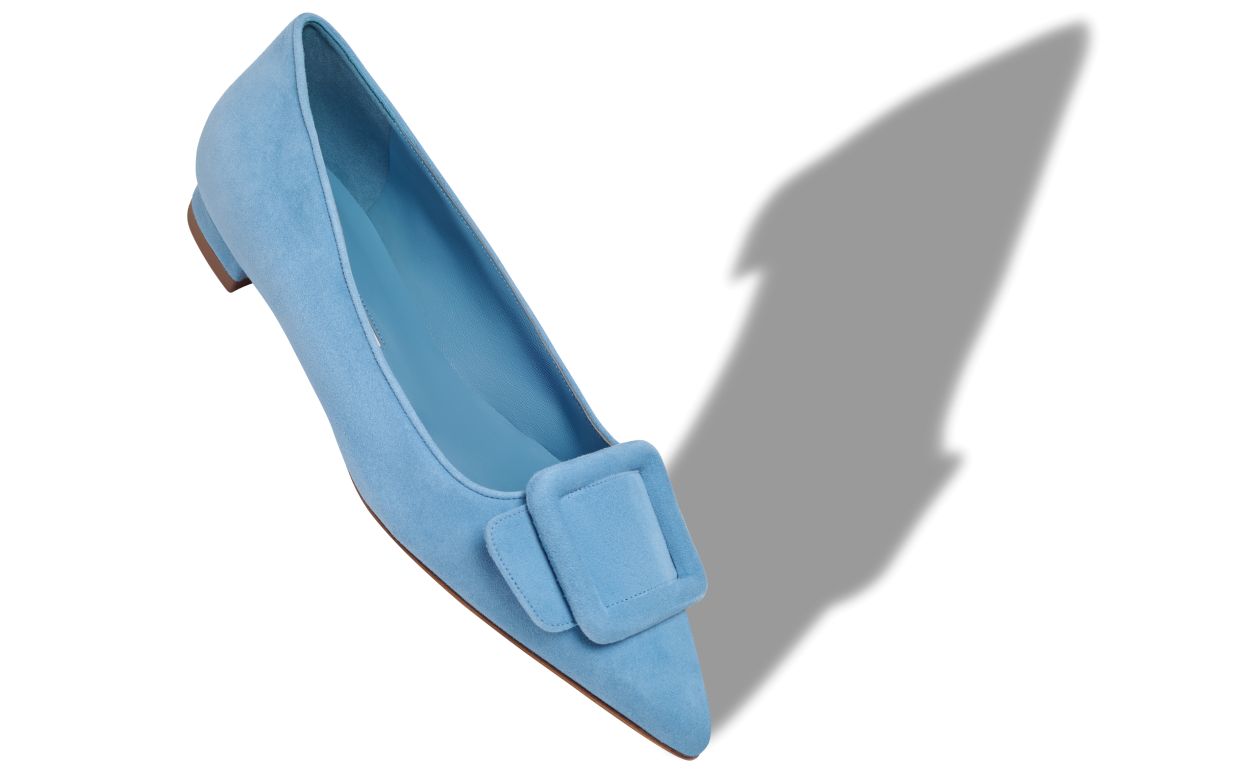 Designer Light Blue Suede Buckle Detail Flat Pumps - Image small_image