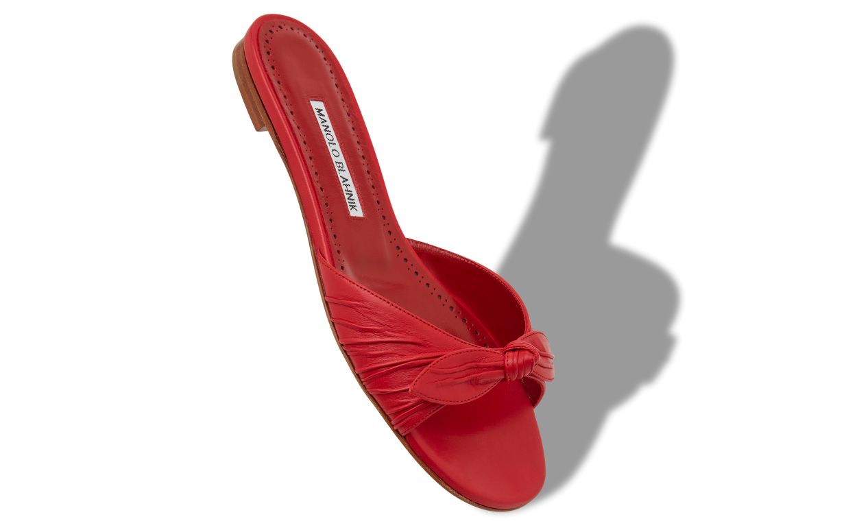 Designer Red Nappa Leather Bow Detail Flat Sandals - Image small_image
