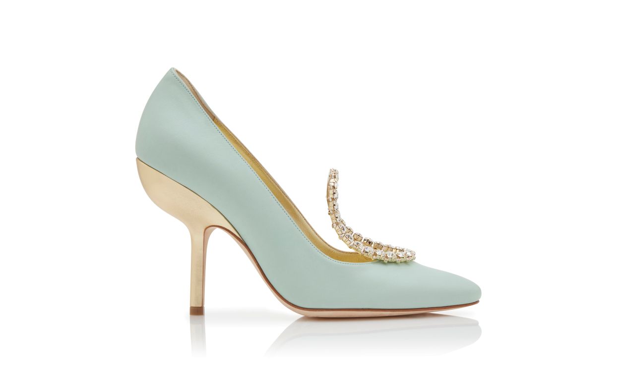 Designer Light Green and Gold Nappa Leather Pumps - Image Side View