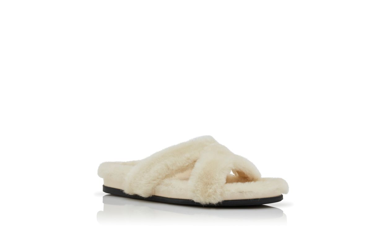 Designer Cream Shearling Open Toe Flat Mules - Image Upsell