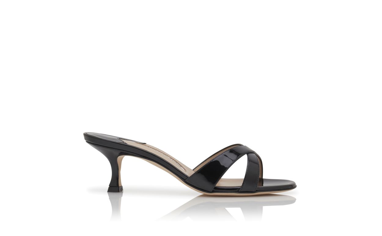 Designer Black Patent Leather Open Toe Mules - Image Side View