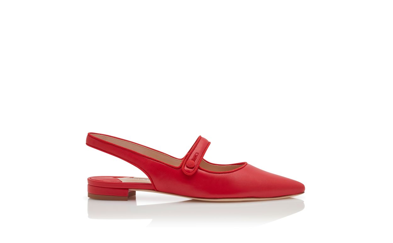 Designer Red Nappa Leather Slingback Flat Pumps - Image Side View