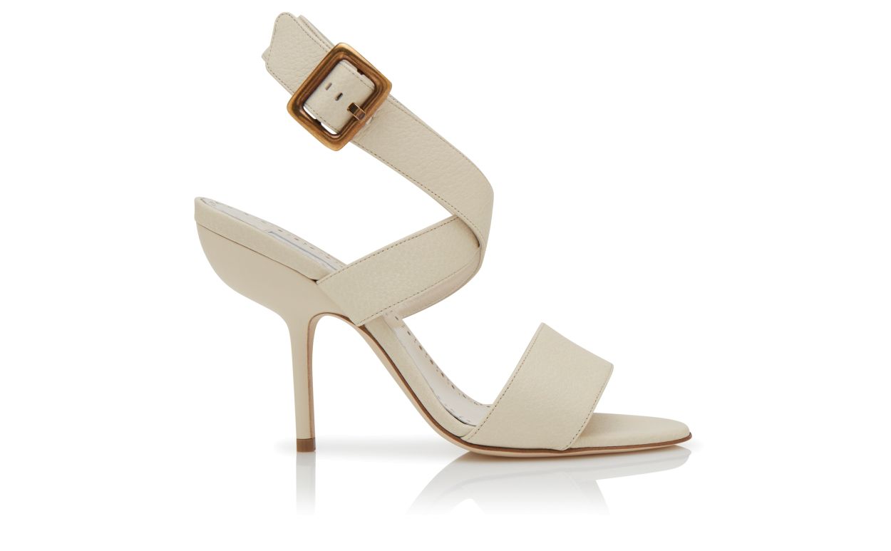 Designer Cream Calf Leather Ankle Strap Sandals - Image Side View