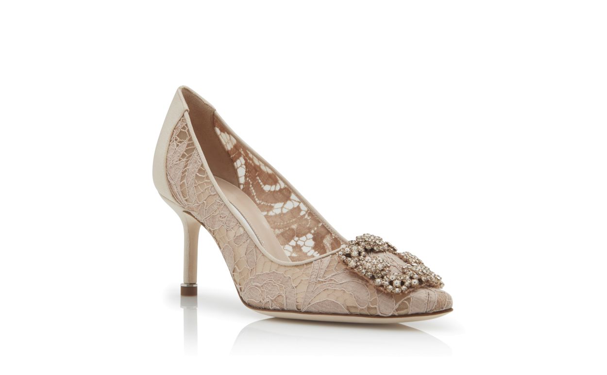 Designer Beige Lace Jewel Buckle Pumps - Image Upsell