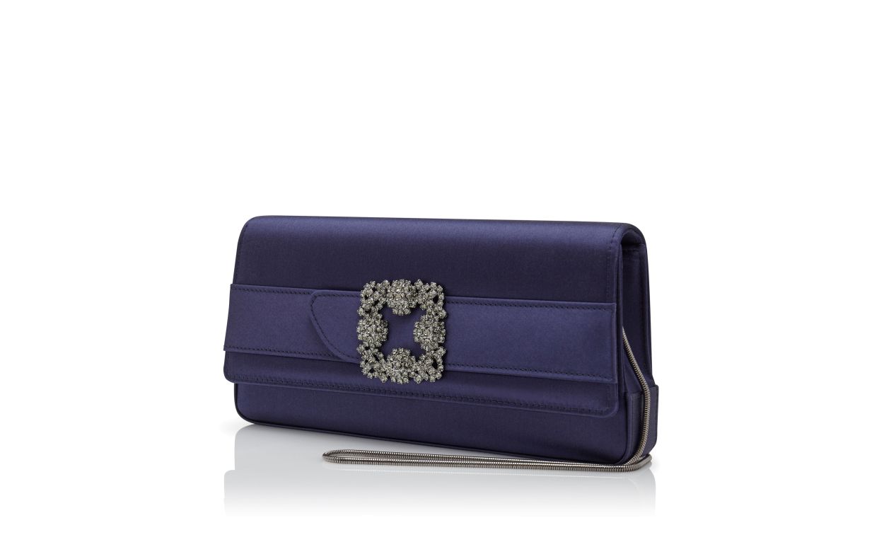 Designer Navy Blue Satin Jewel Buckle Clutch - Image 