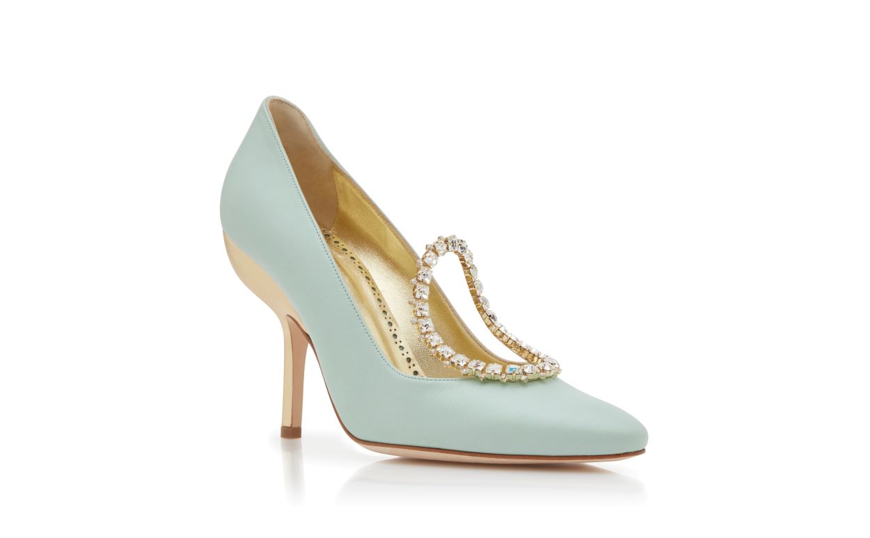 Designer Light Green and Gold Nappa Leather Pumps - Image Upsell