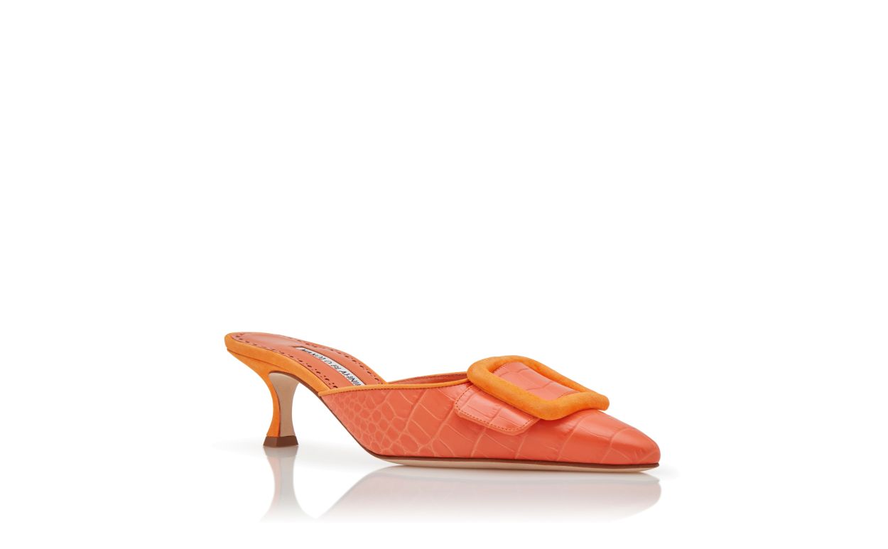 Designer Orange Calf Leather Buckle Detail Mules - Image Upsell