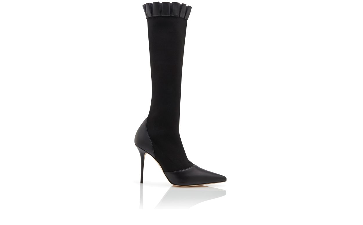 Designer Black Nappa Leather Knee High Boots - Image Side View