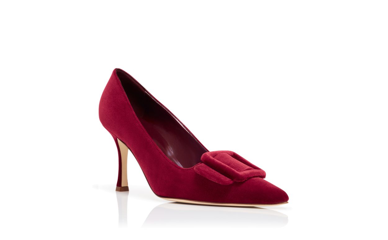 Designer Red Velvet Buckle Detail Pumps - Image Upsell