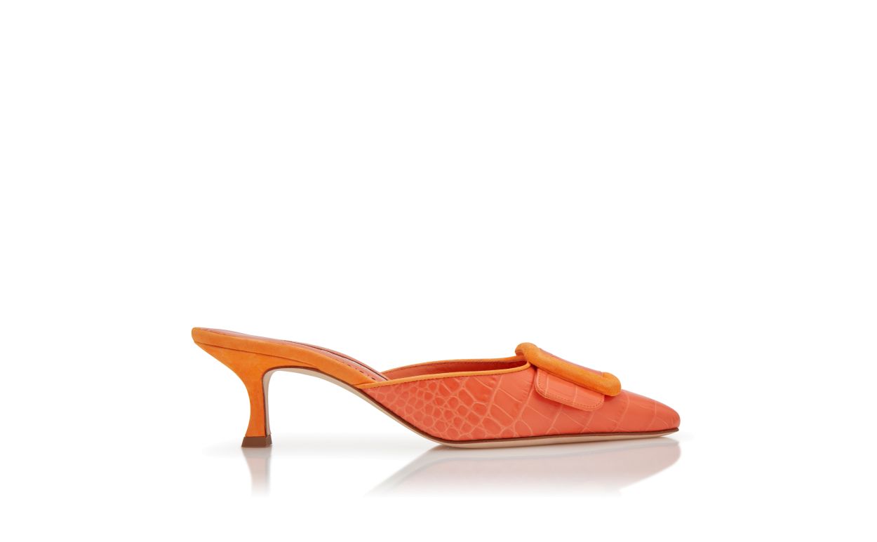 Designer Orange Calf Leather Buckle Detail Mules - Image Side View