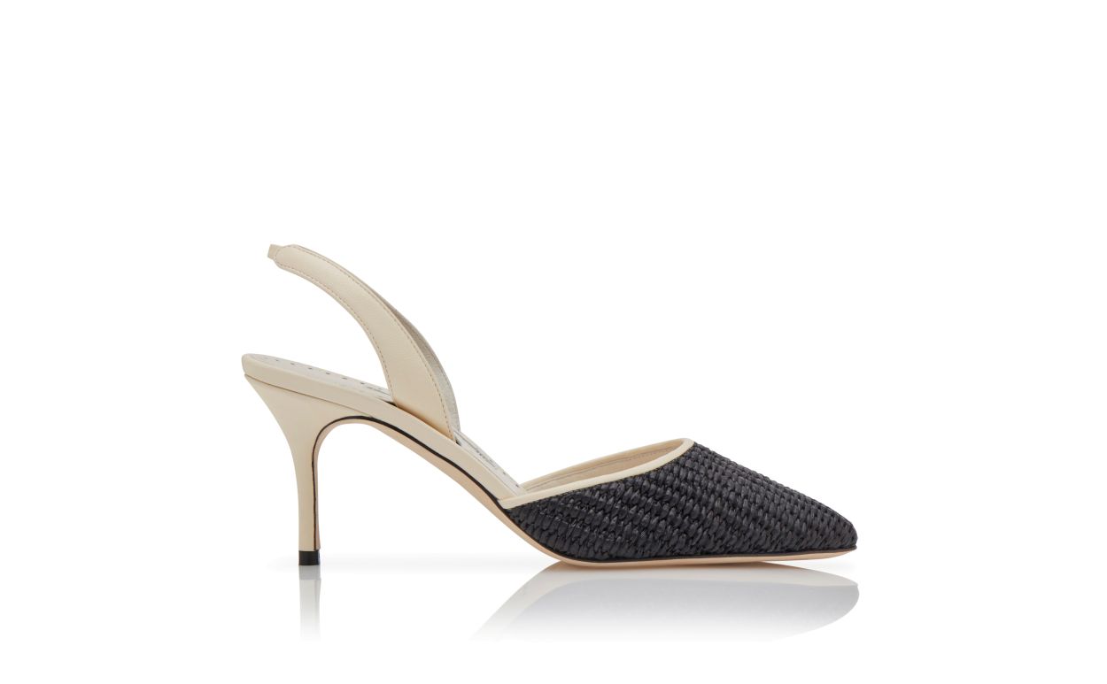 Designer Cream and Black Raffia Slingback Pumps - Image Side View