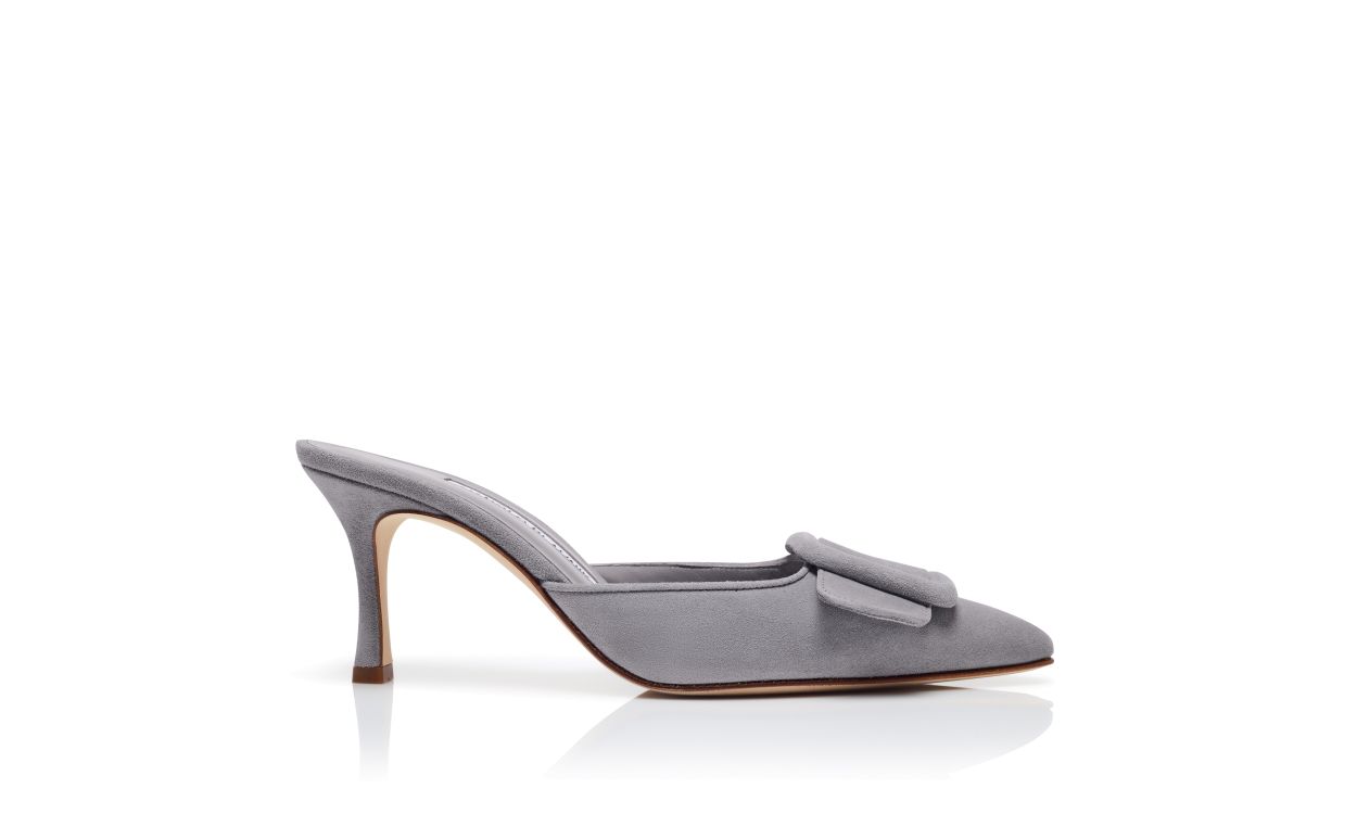 Designer Grey Suede Buckle Detail Mules - Image Side View