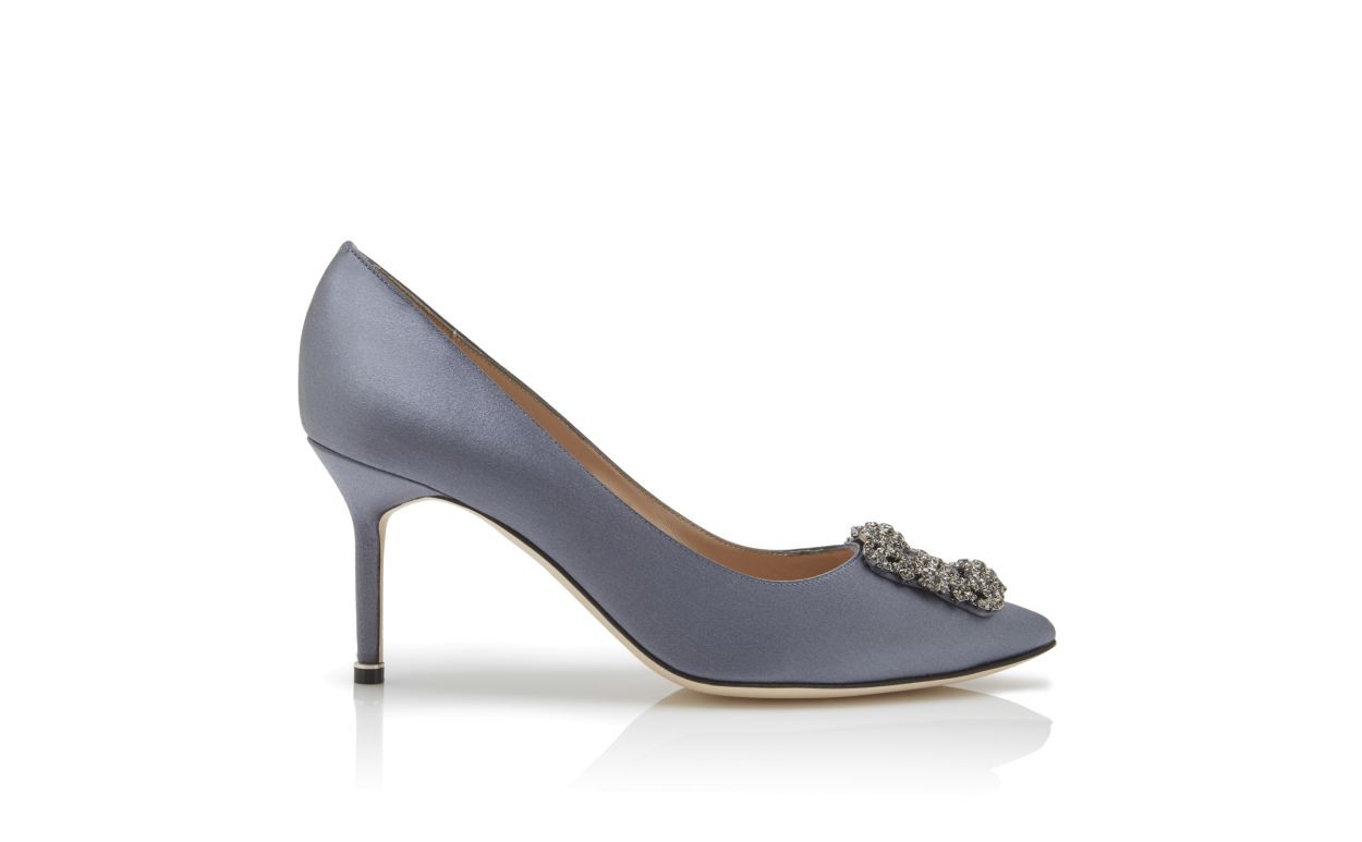 Designer Blue Satin Jewel Buckle Pumps - Image Side View