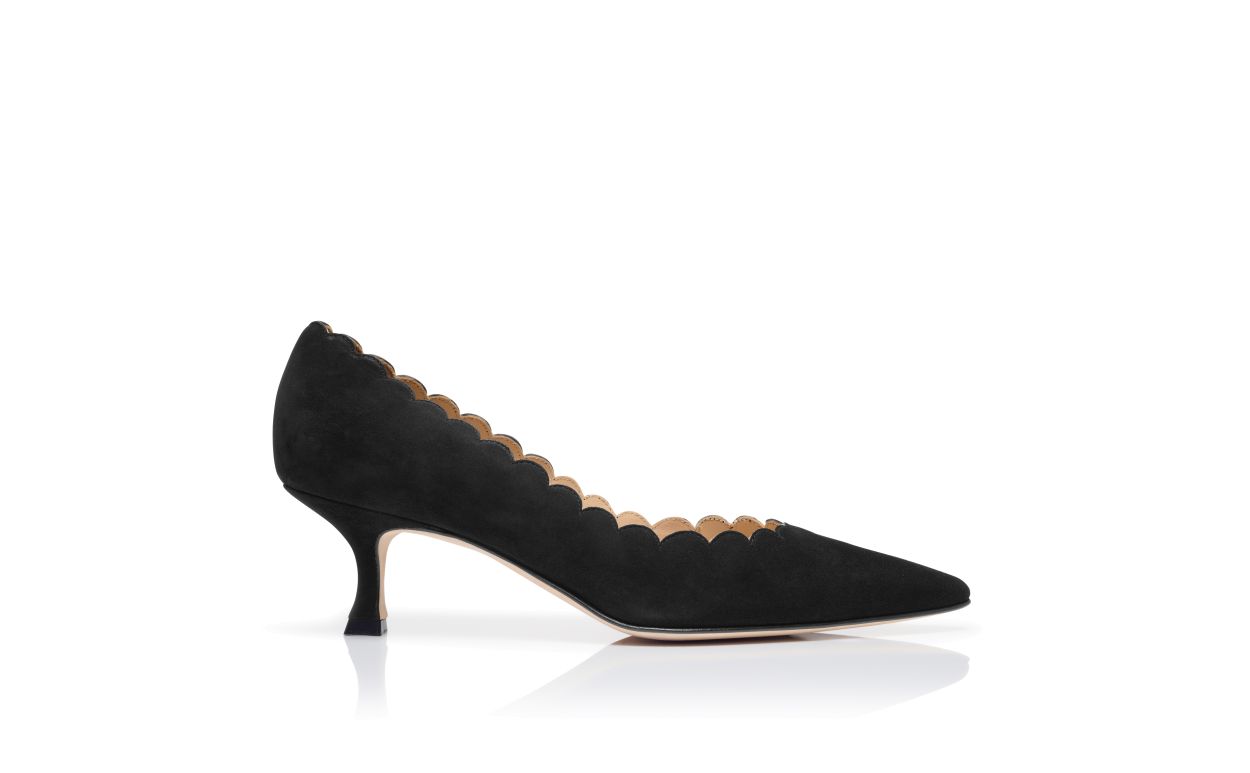 Designer Black Suede Scalloped Pumps - Image Side View