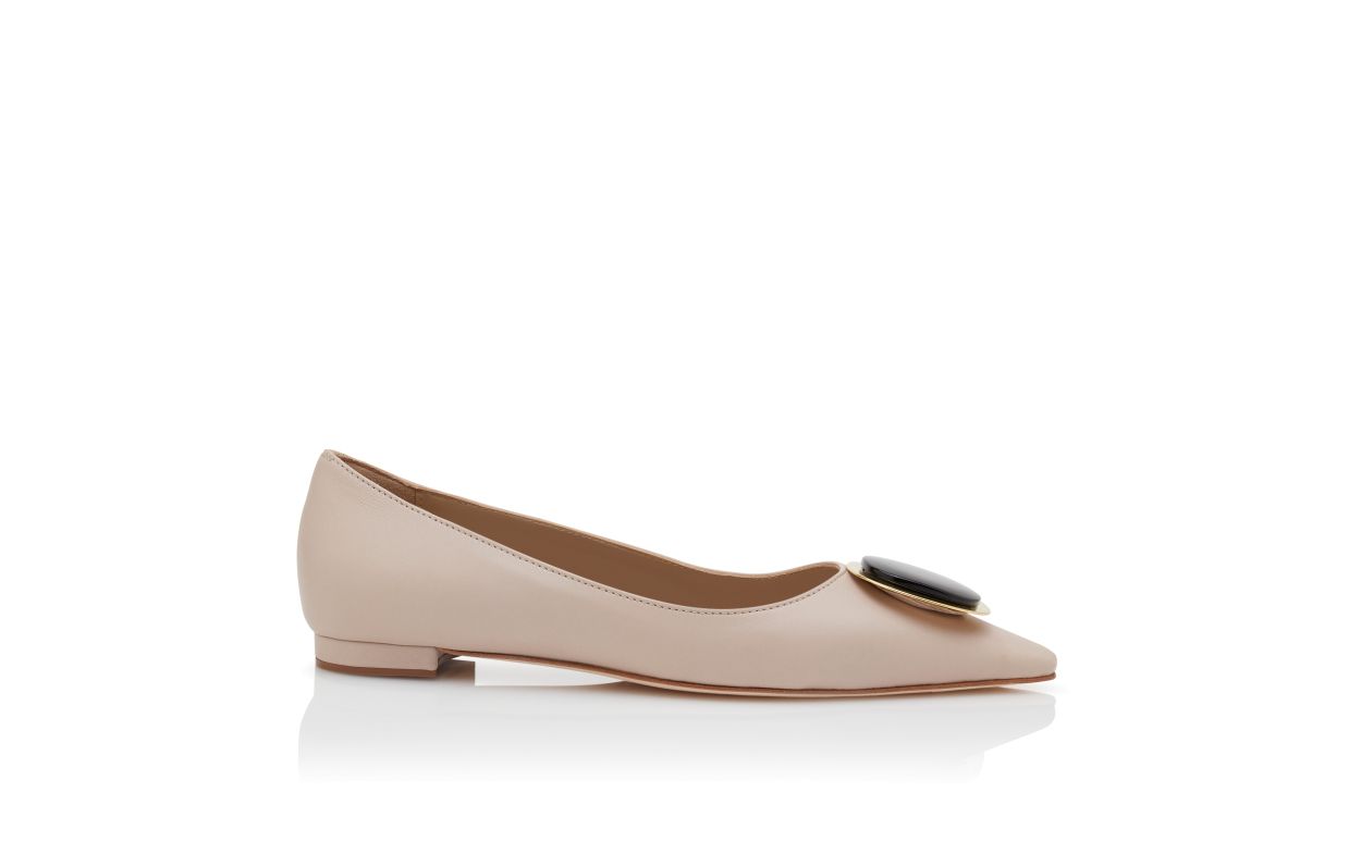 Designer Beige Nappa Leather Pointed Toe Flat Pumps - Image Side View