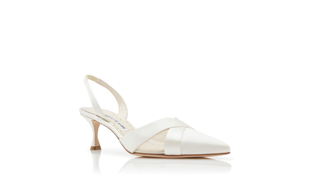 Designer Light Cream Satin Crossover Slingback Pumps - Image Upsell