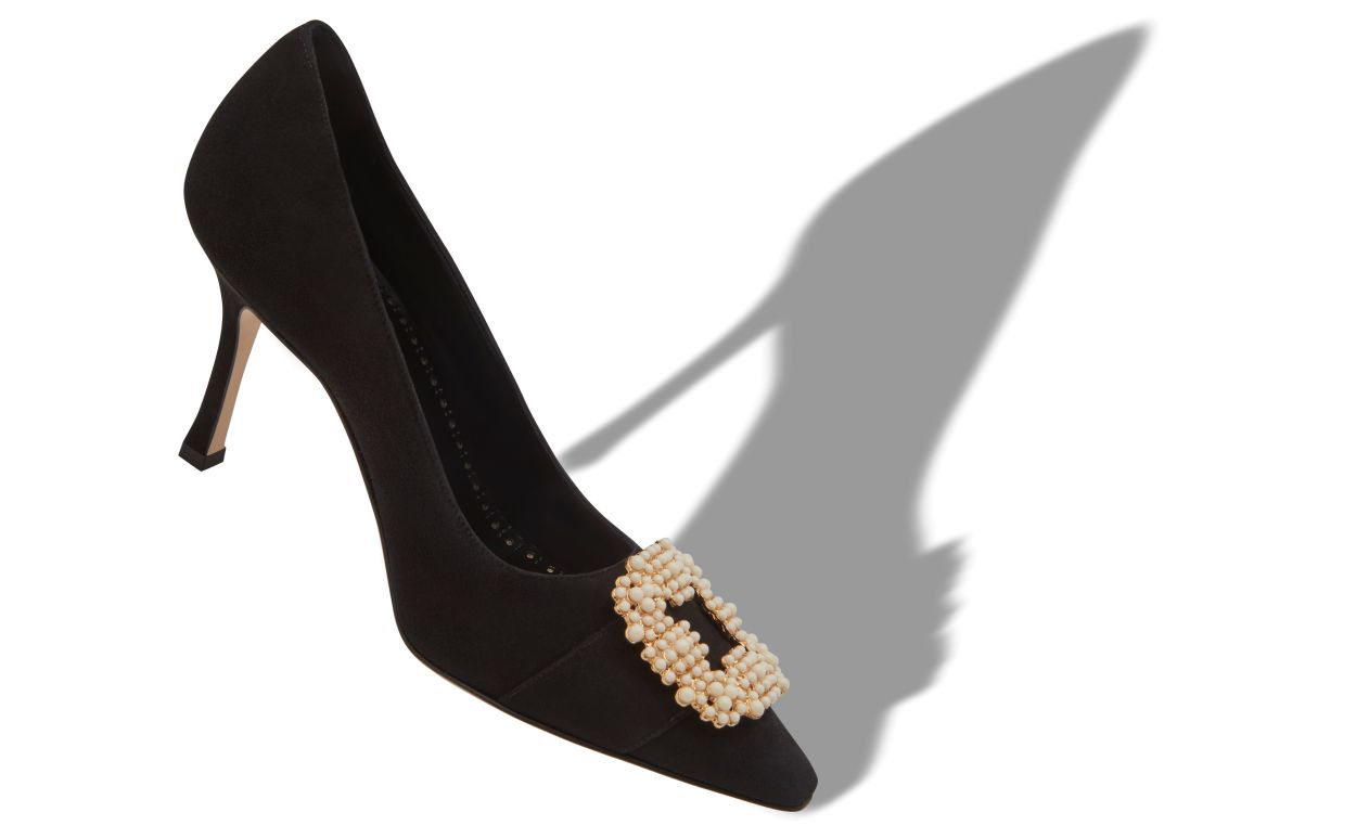 Designer Black Suede Pearl Buckle Pumps - Image small_image