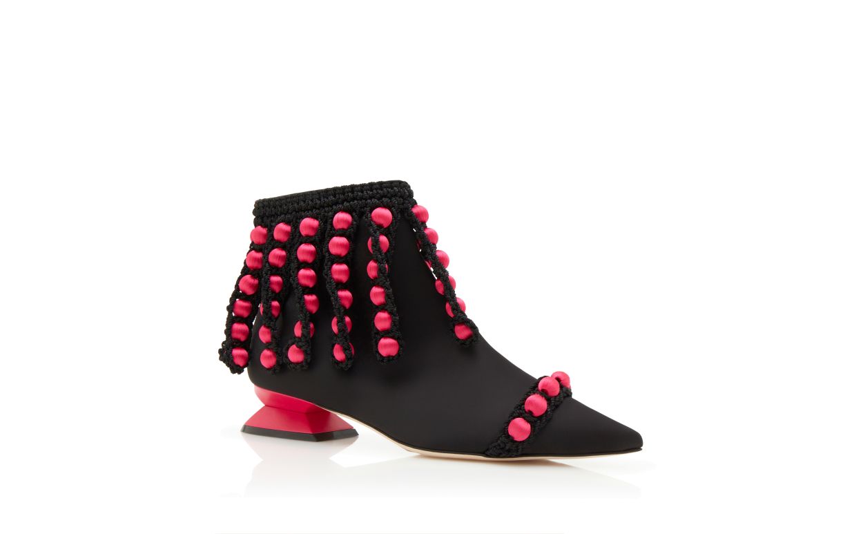 Designer Black and Pink Satin Pom Pom Ankle Boots - Image Upsell