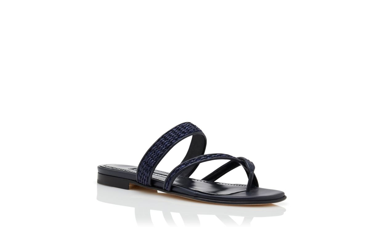 Designer Navy Blue Raffia Flat Sandals - Image Upsell