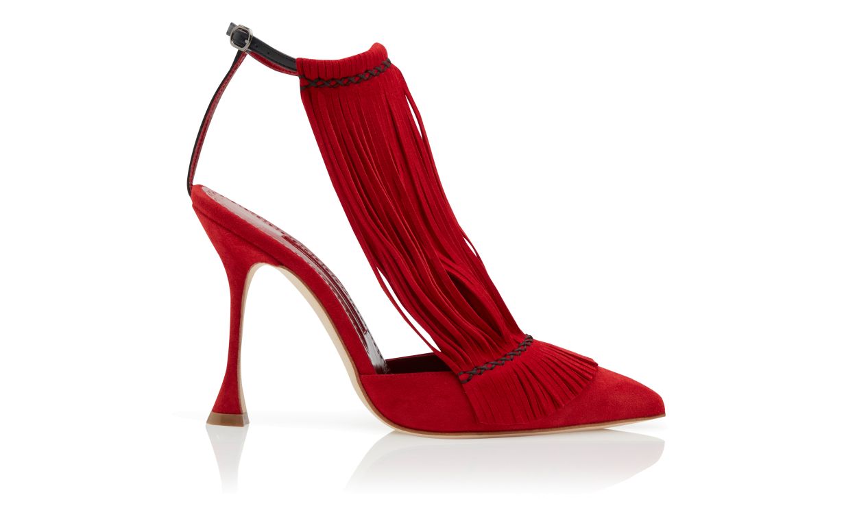 Designer Red Suede Fringe Detail Pumps  - Image Side View