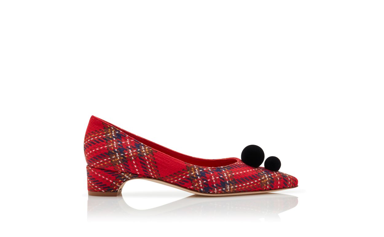 Designer Red Wool Tartan Pom Pom Detail Pumps - Image Side View