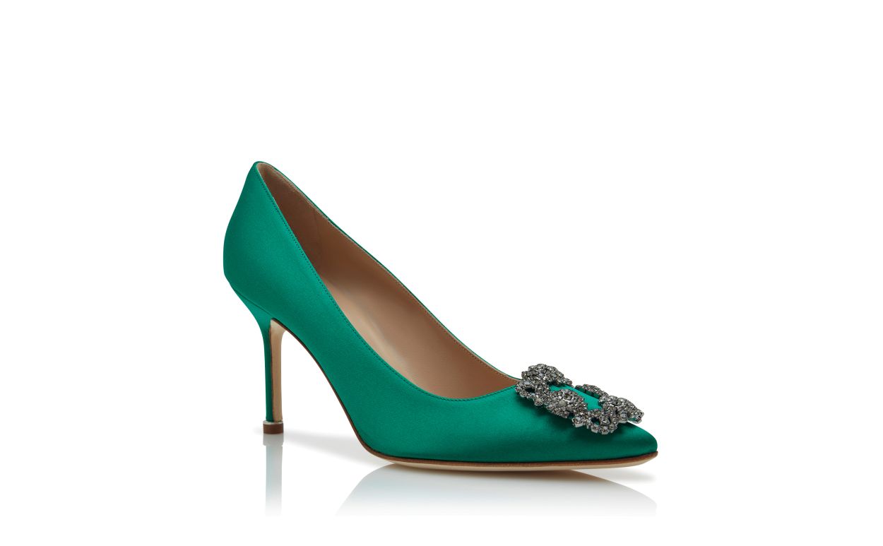 Designer Green Satin Jewel Buckle Pumps - Image Upsell