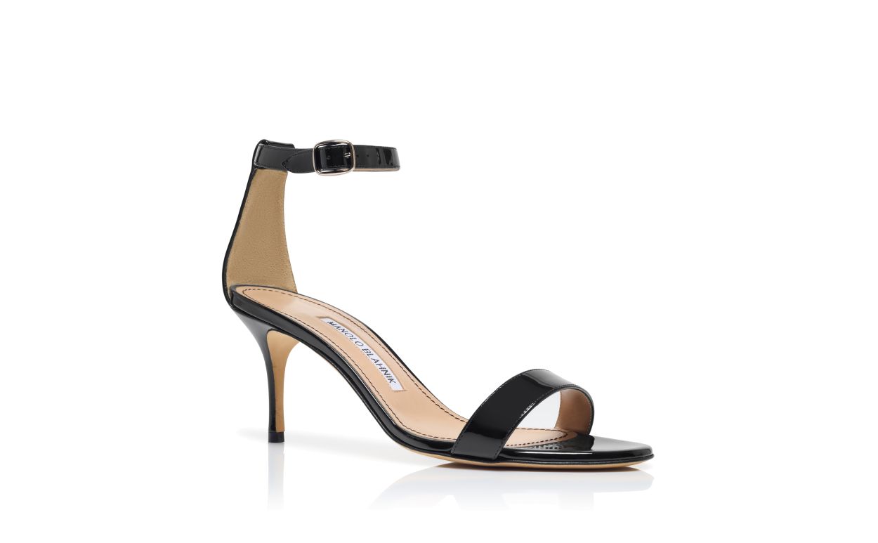 Designer Black Patent Leather Ankle Strap Sandals - Image Upsell