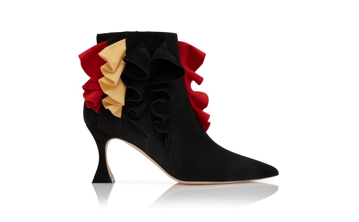 Designer Black Suede Ruffled Detail Ankle Boots - Image Side View