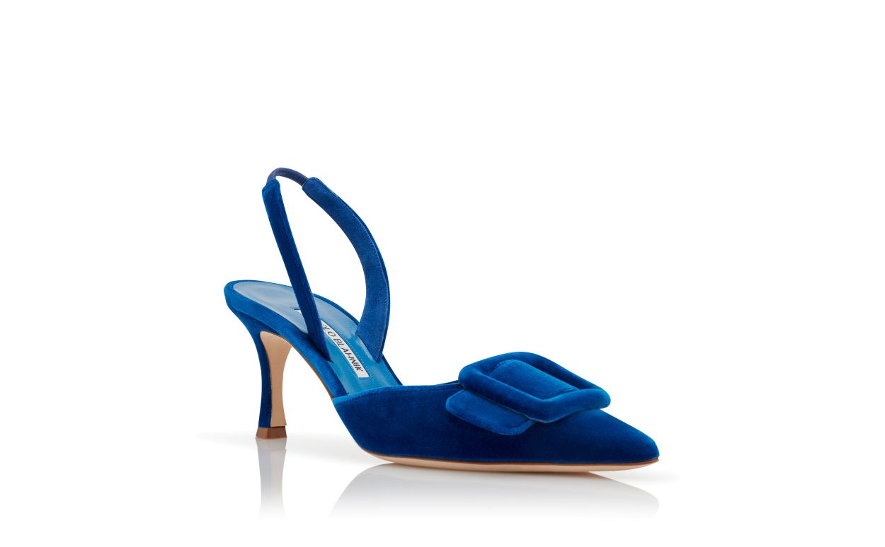 Designer Blue Velvet Buckle Detail Slingback Pumps - Image Upsell