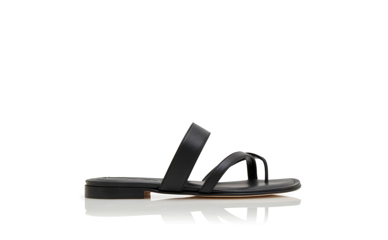 Designer Black Calf Leather Flat Sandals - Image Side View