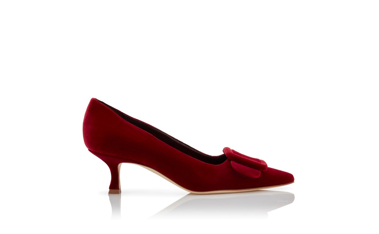 Designer Red Velvet Buckle Detail Pumps - Image Side View