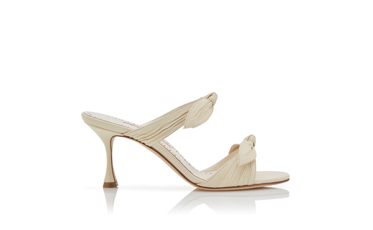 Designer Cream Nappa Leather Bow Detail Mules - Image Side View