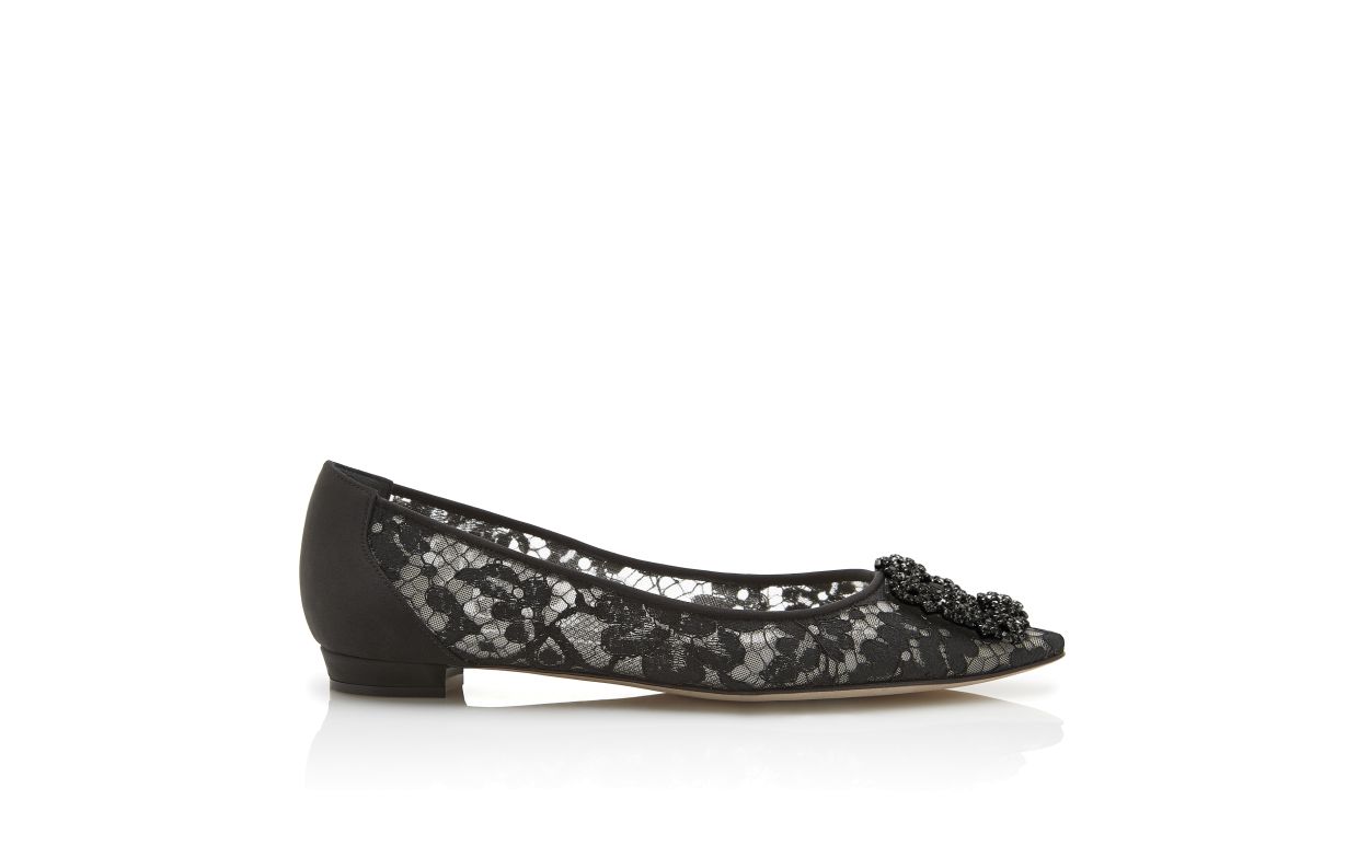 Designer Black Lace Jewel Buckle Flats - Image Side View