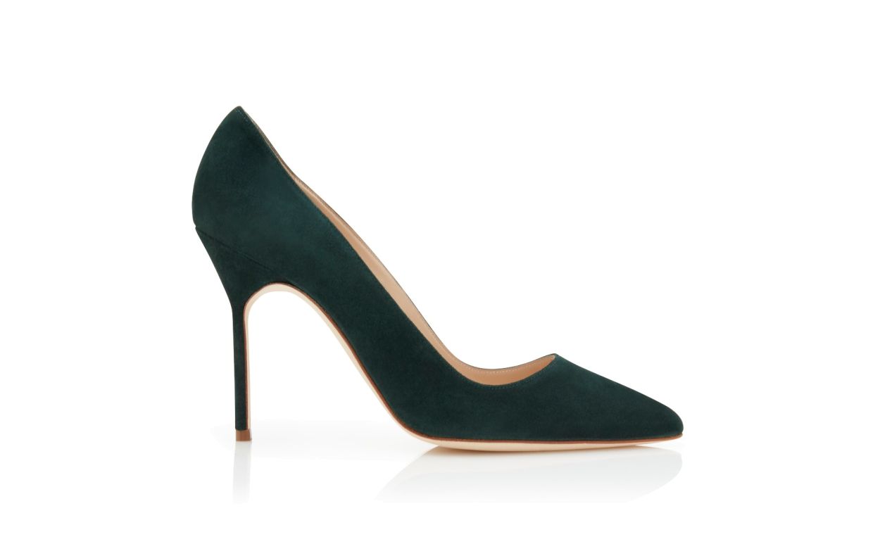 Designer Dark Green Suede Pointed Toe Pumps - Image 