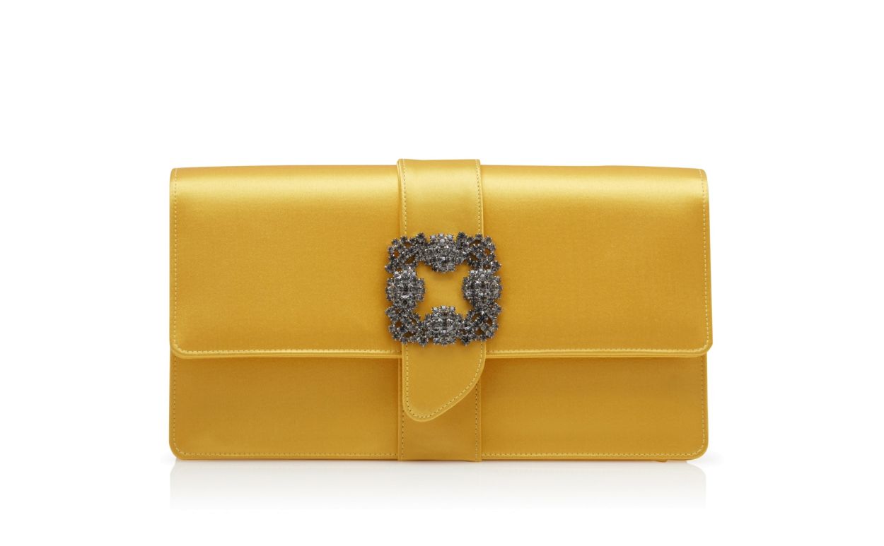 Designer Yellow Satin Jewel Buckle Clutch - Image Side View