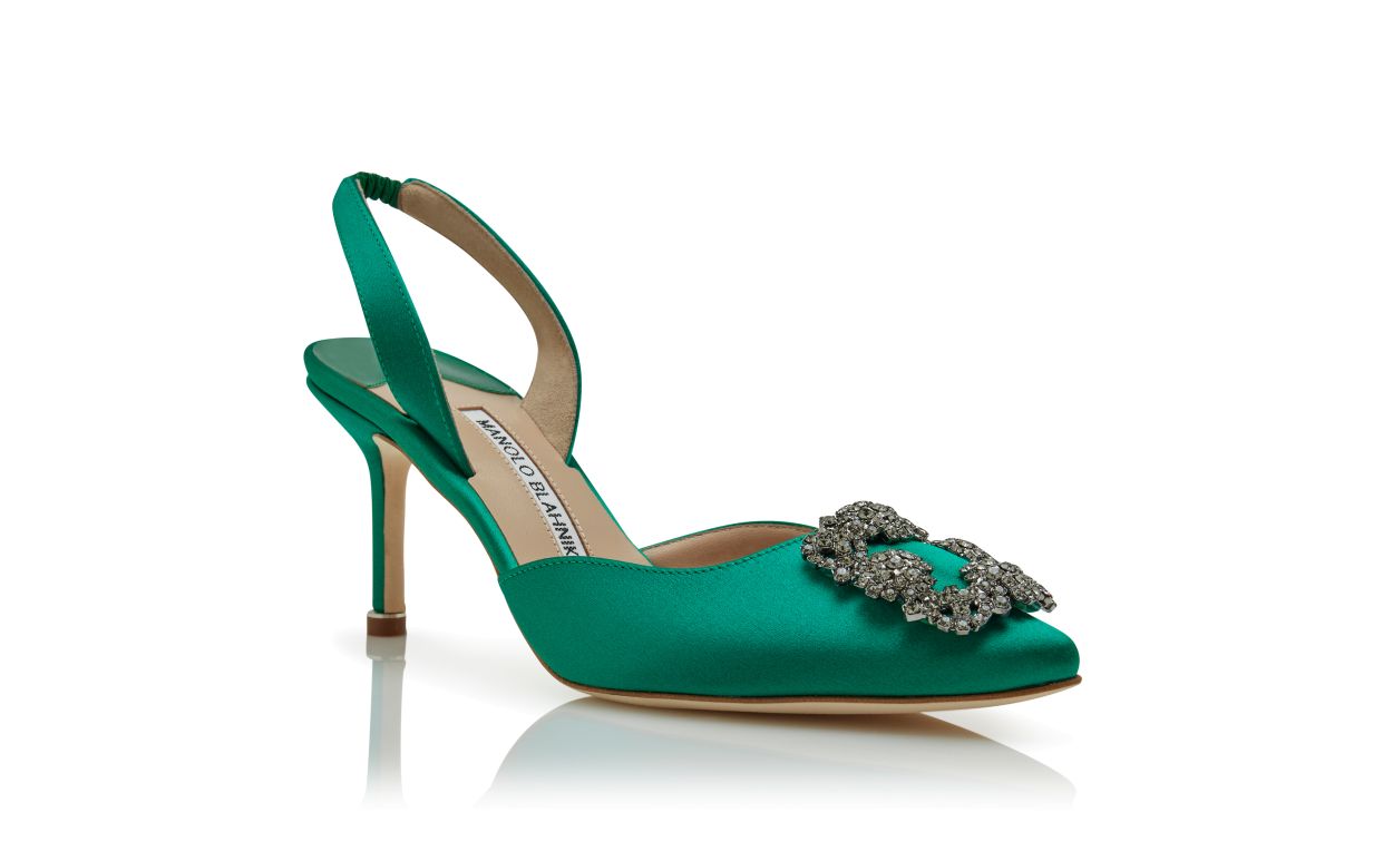 Designer Green Satin Jewel Buckle Slingback Pumps - Image Upsell